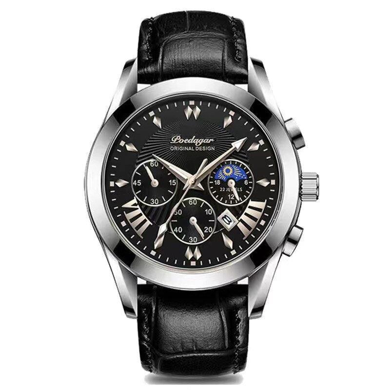 LUXUSUHR MIT LEDERBAND Silber Schwarz