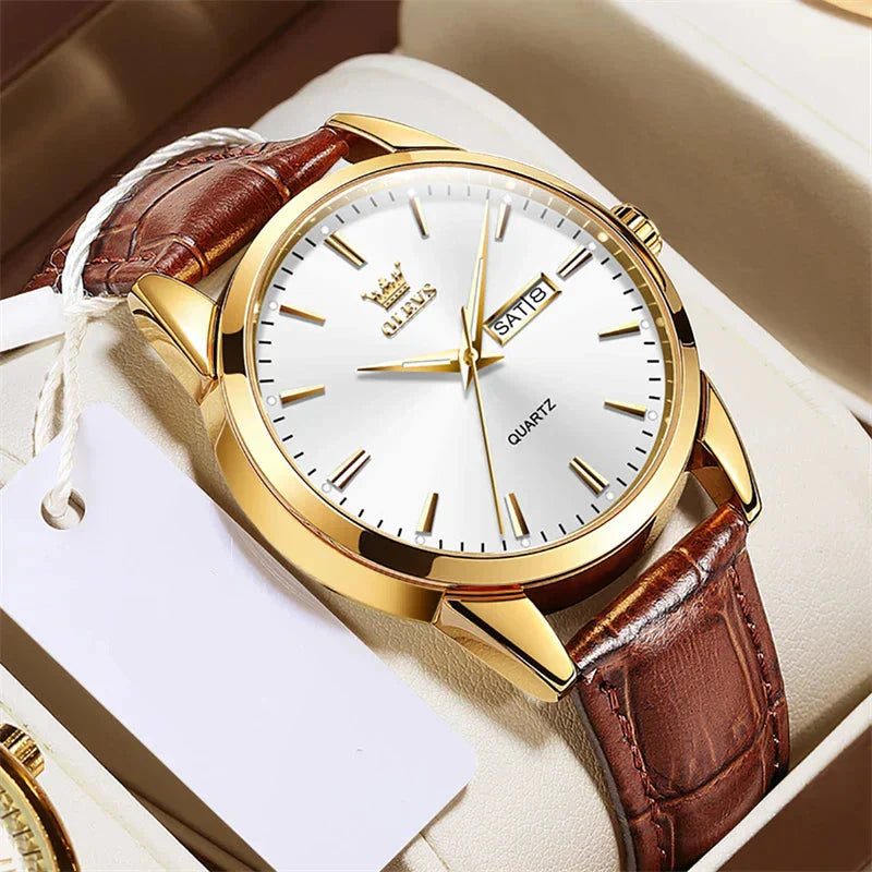 Luxuriöse Business-Lederuhr mit Quarzwerk, wasserfest und praktischer Datumsanzeige.