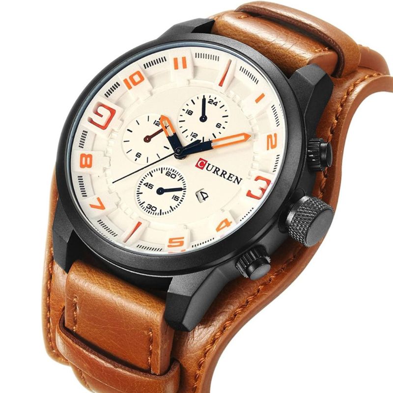 Robuste Sport-Militäruhr mit veganem Lederarmband, detaillierte Ansicht des Ziffernblatts auf modernem Design.
