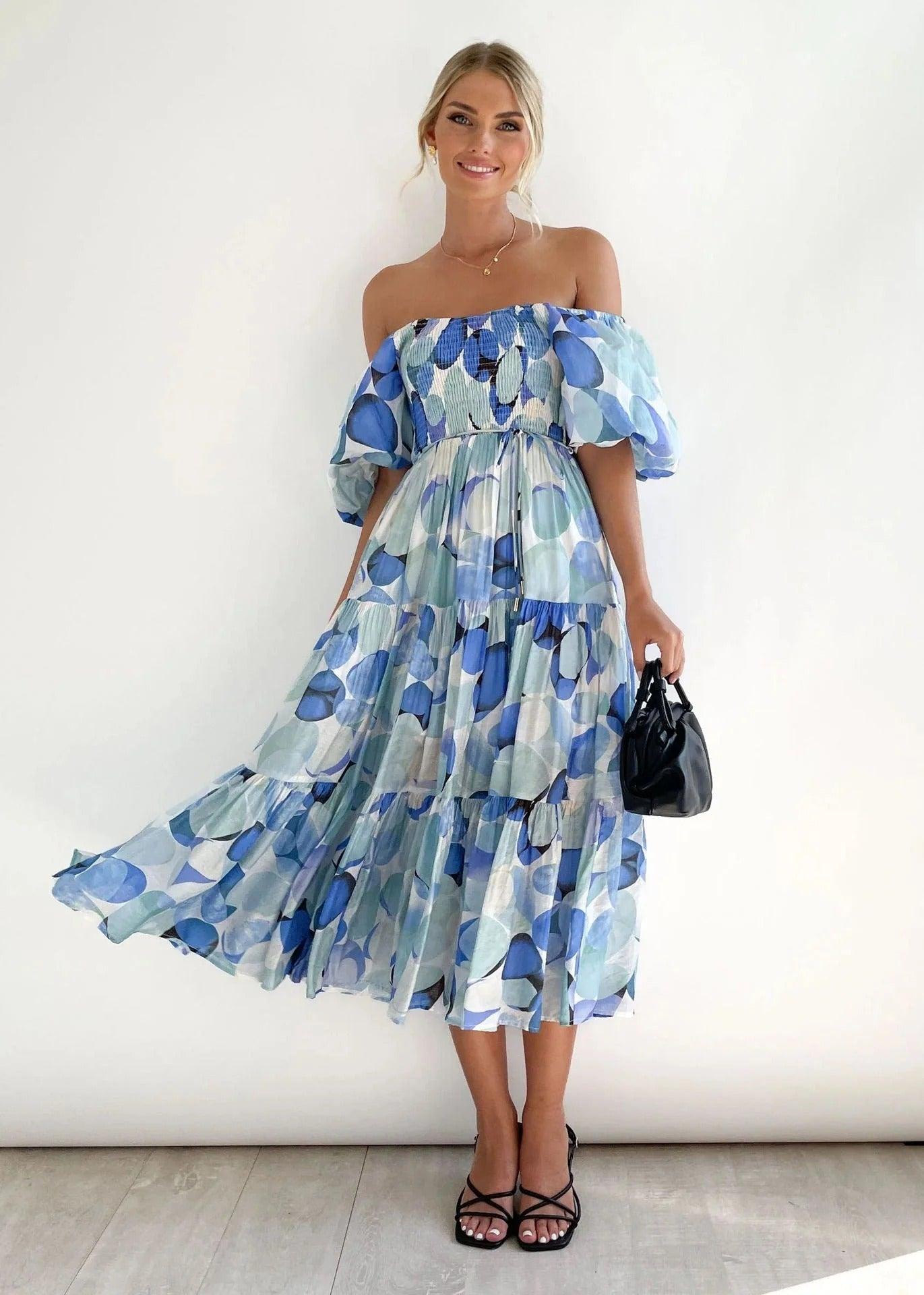 Amelia Off-Shoulder Maxikleid Mit Aquarell-Print In Blau, Beige Und Gold – Elegantes Sommerkleid Für Unvergessliche Anlässe Blau