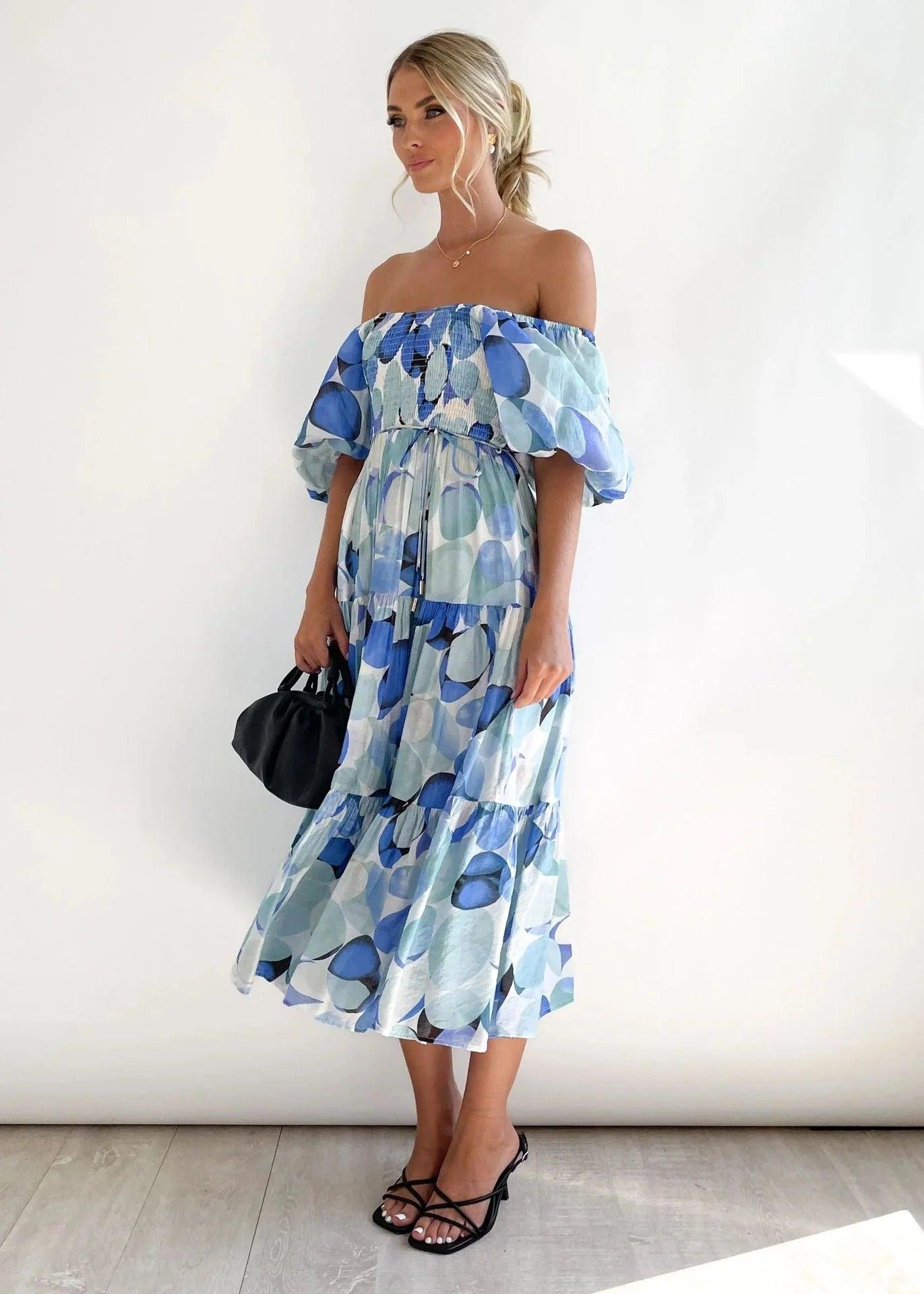 Amelia Off-Shoulder Maxikleid Mit Aquarell-Print In Blau, Beige Und Gold – Elegantes Sommerkleid Für Unvergessliche Anlässe