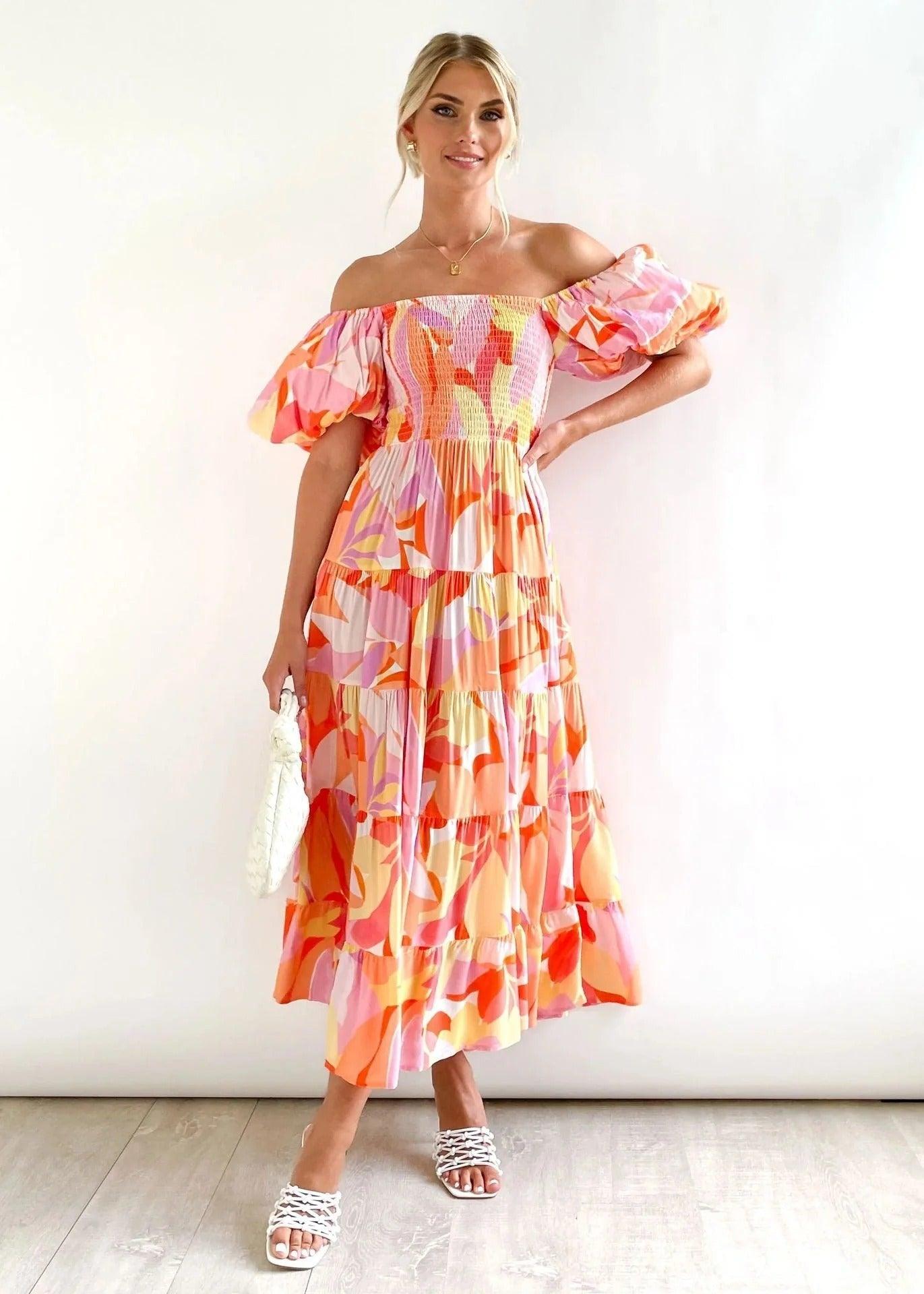 Amelia Off-Shoulder Maxikleid Mit Aquarell-Print In Blau, Beige Und Gold – Elegantes Sommerkleid Für Unvergessliche Anlässe Orange
