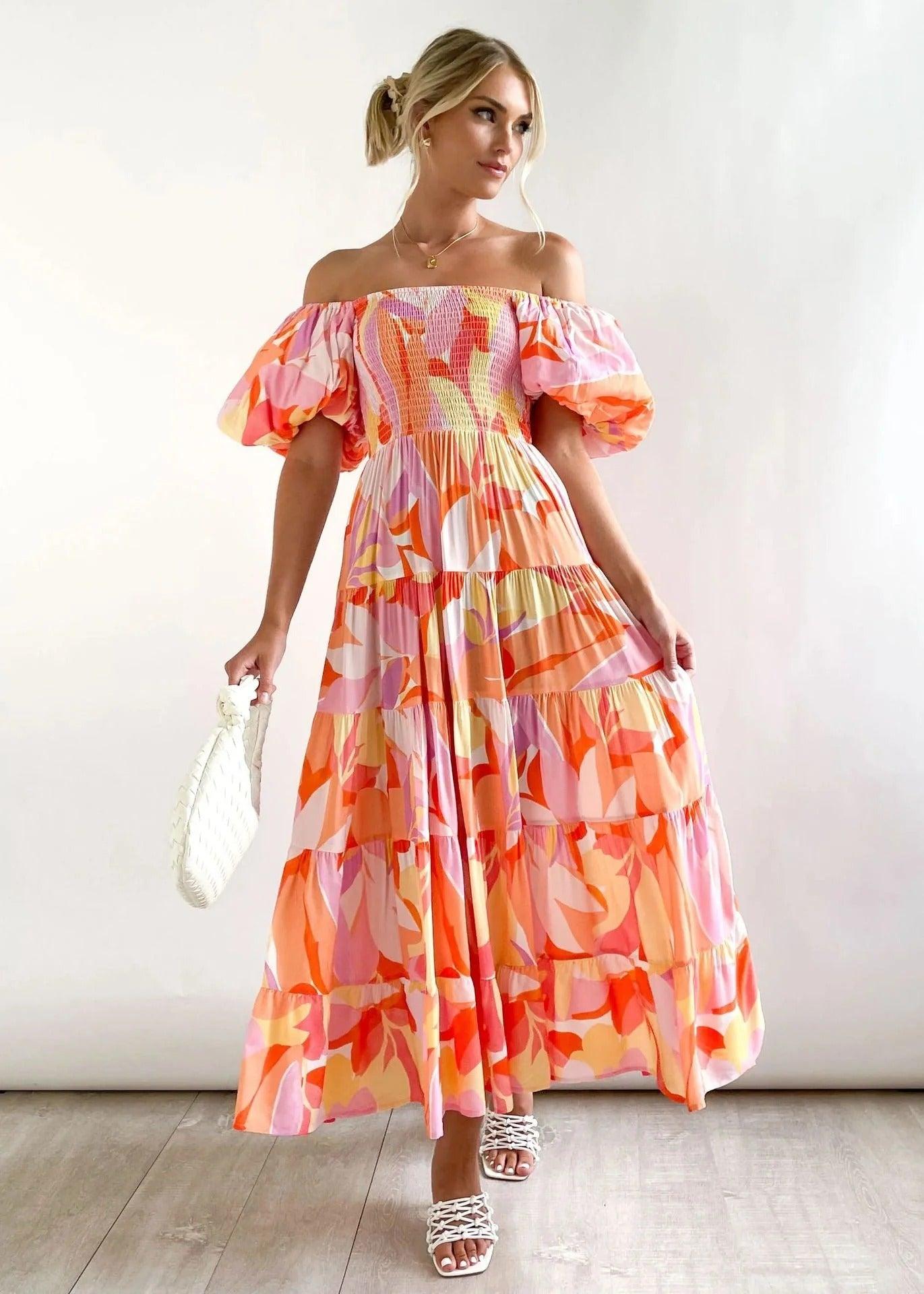 Amelia Off-Shoulder Maxikleid Mit Aquarell-Print In Blau, Beige Und Gold – Elegantes Sommerkleid Für Unvergessliche Anlässe