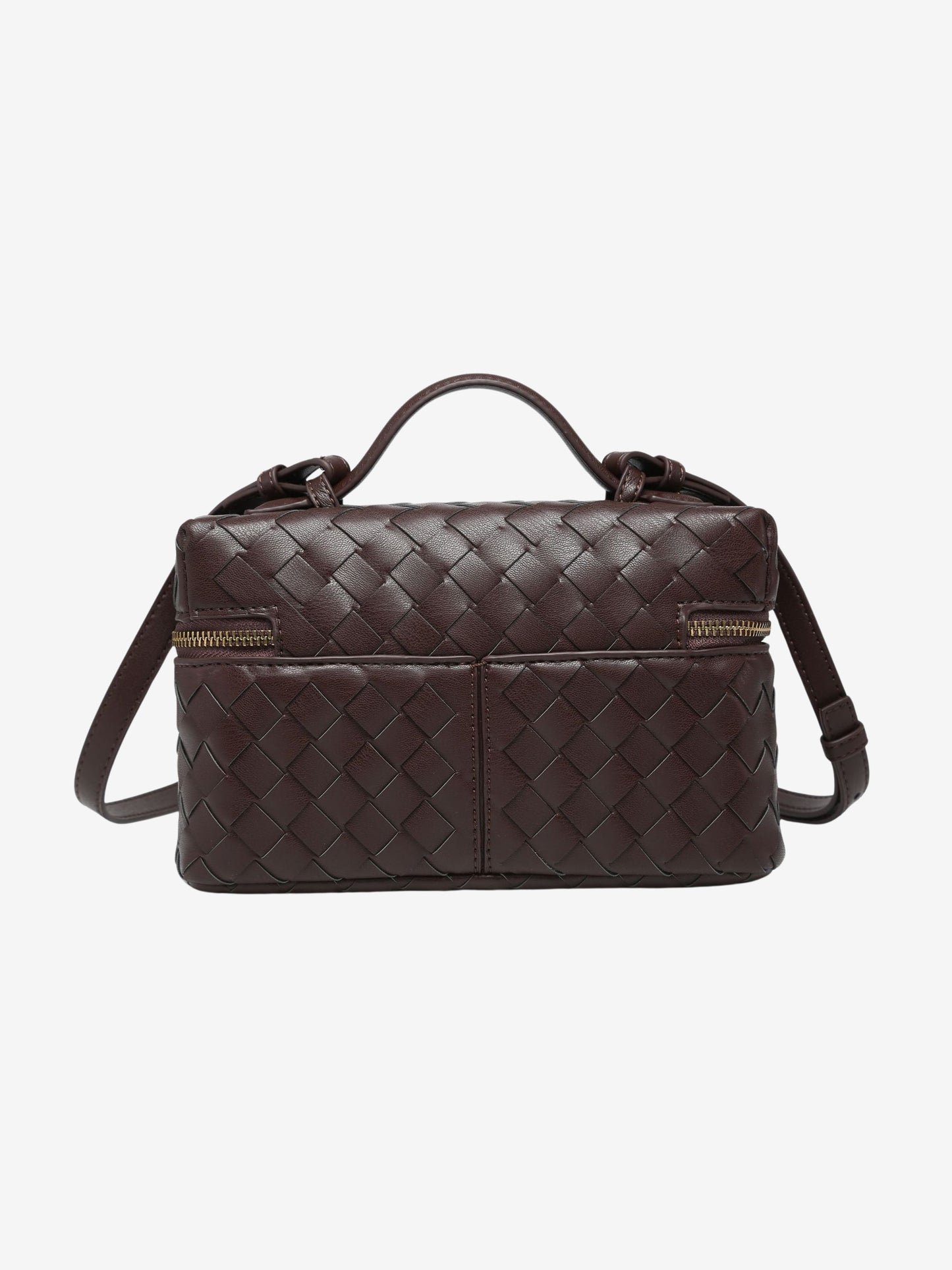 Vielseitige Juliette Polierte Strukturierte Woven Handtasche aus veganem Leder von Fadenburg, perfekt für Brunch oder Abendveranstaltungen.