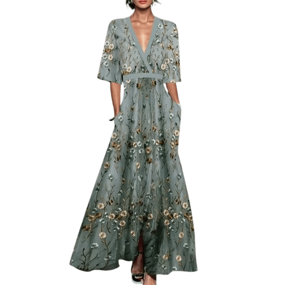 CÉLINE Maxi-Kleid In Blau & Weiß – Elegante Blumenmuster Für Leichte Kleider Für Warme Tage grün