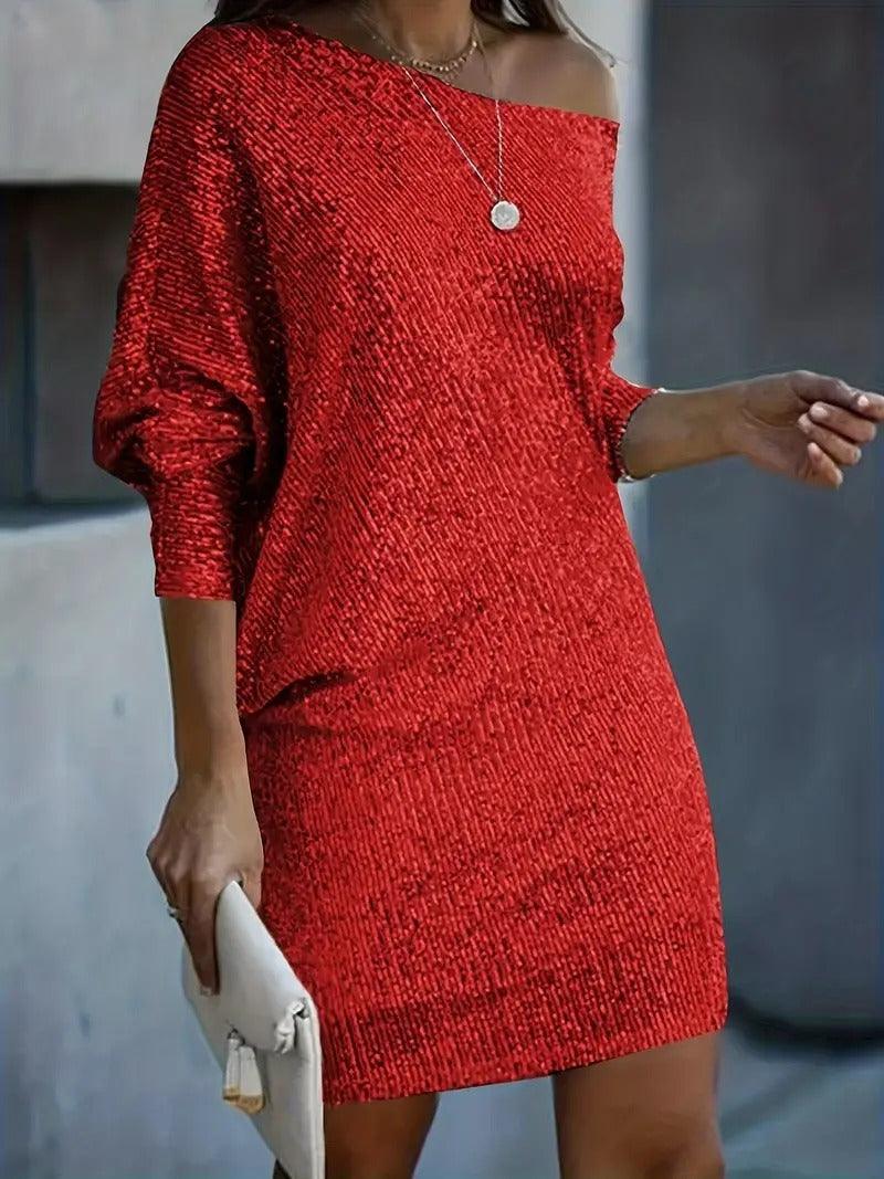 GOLDIE – Luxuriöses Pailletten-Kleid Mit Asymmetrischem Off-Shoulder-Schnitt in Gold Rot