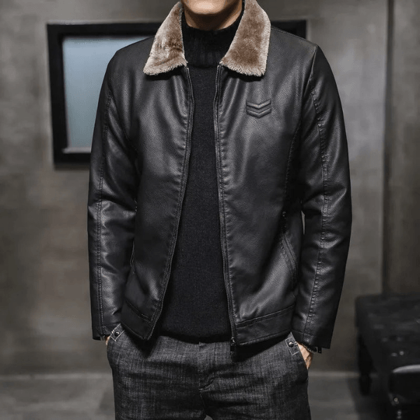 MARC Herren-Lederjacke Mit Fleece-Futter – Bequem, Elegant, Winterfest, Hochwertiges Kunstleder Schwarz