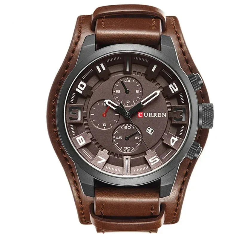 Robuste Sport-Militäruhr mit veganem Lederarmband, wasserdicht und schockfest, präsentiert auf einem modernen Hintergrund.