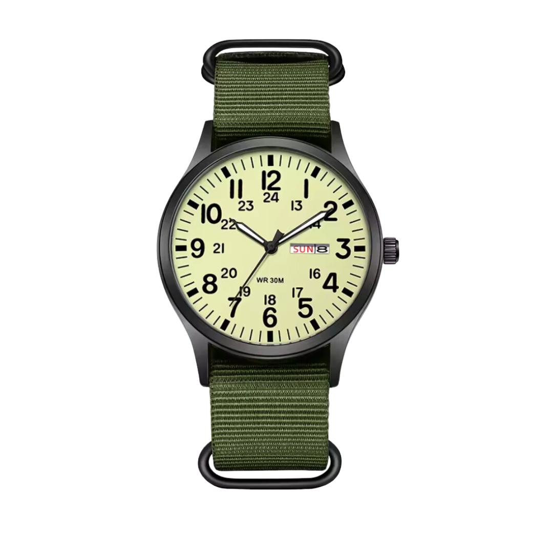 Militärinspiriertes Design der robusten 24-Stunden Felduhr, perfekt für Büro und Outdoor-Aktivitäten.