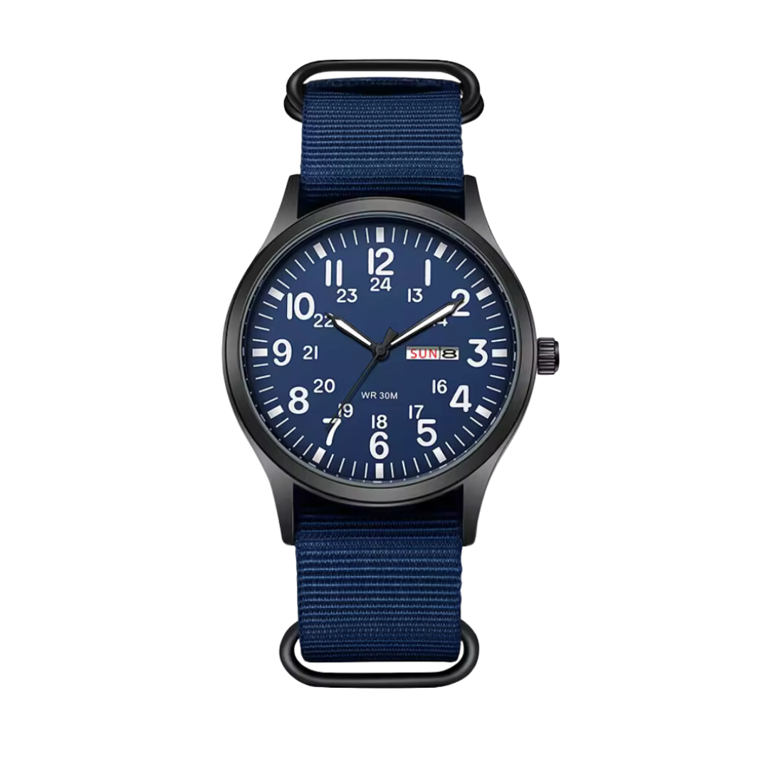 Robuste 24-Stunden Felduhr mit leichtem Gehäuse und strapazierfähigem Stoffarmband, optimal für jede Herausforderung.