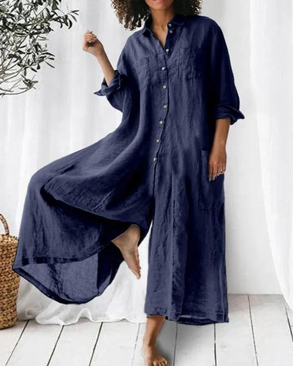 LINA – Leichtes Maxi-Hemdkleid Aus Hochwertigem Leinen Mit Oversized-Look & Praktischen Taschen blau