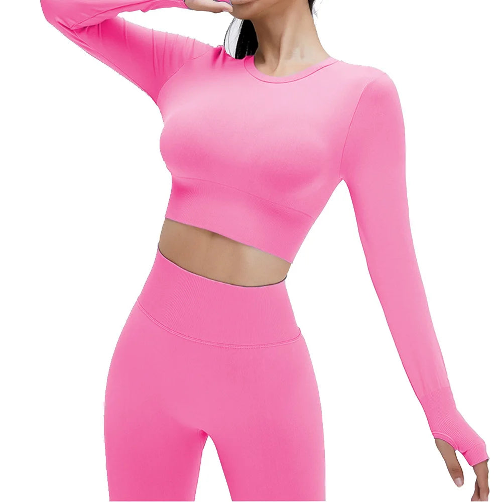 Yoga Set Langarmoberteil Fitnesshose 2-teilig - Atmungsaktiv & Bequem für Frauen Rosa Set
