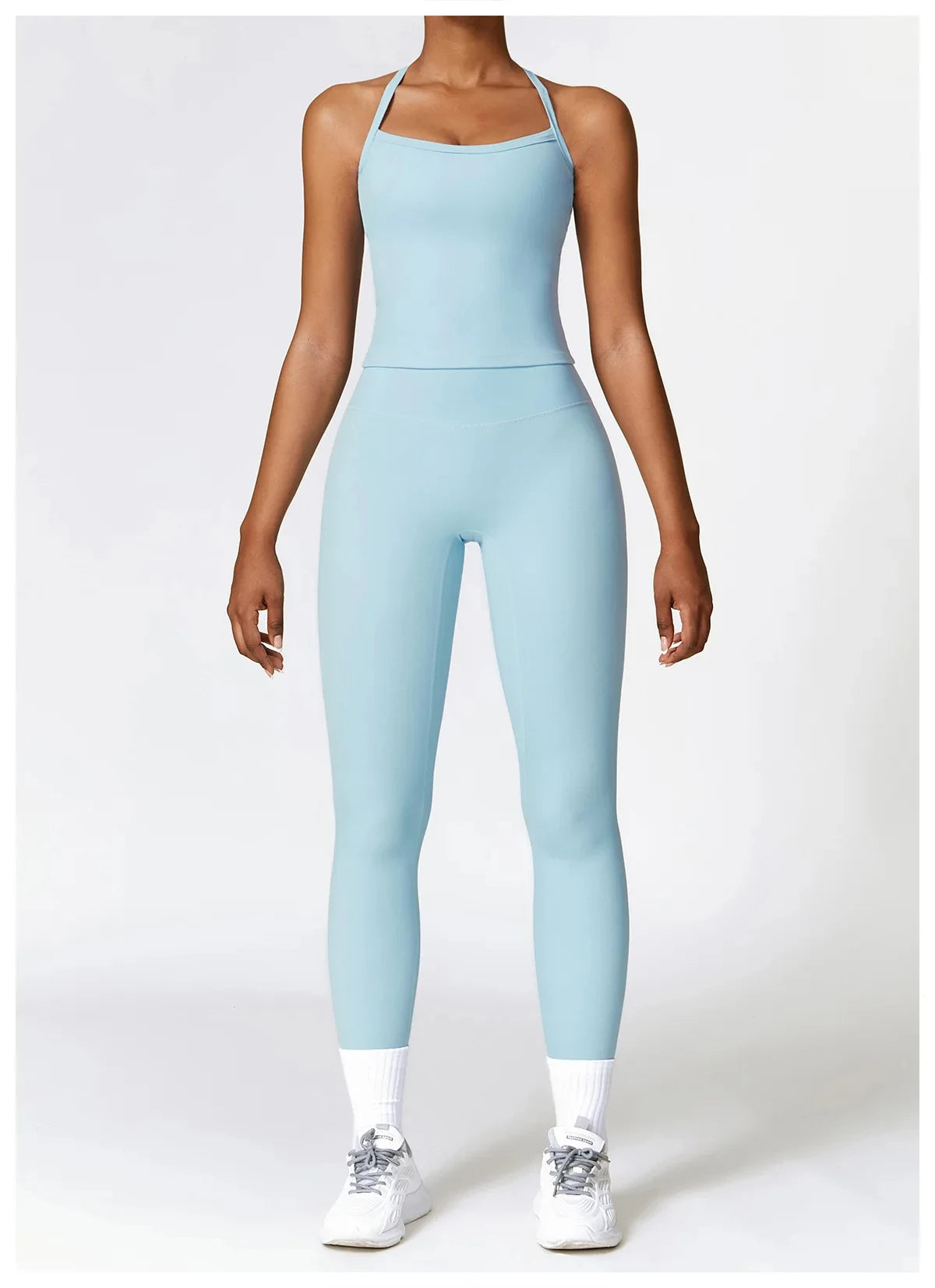 Hochwertige Fitness Kleidung mit Langärmligen Oberteilen und Hochtaillierten Leggings Blau