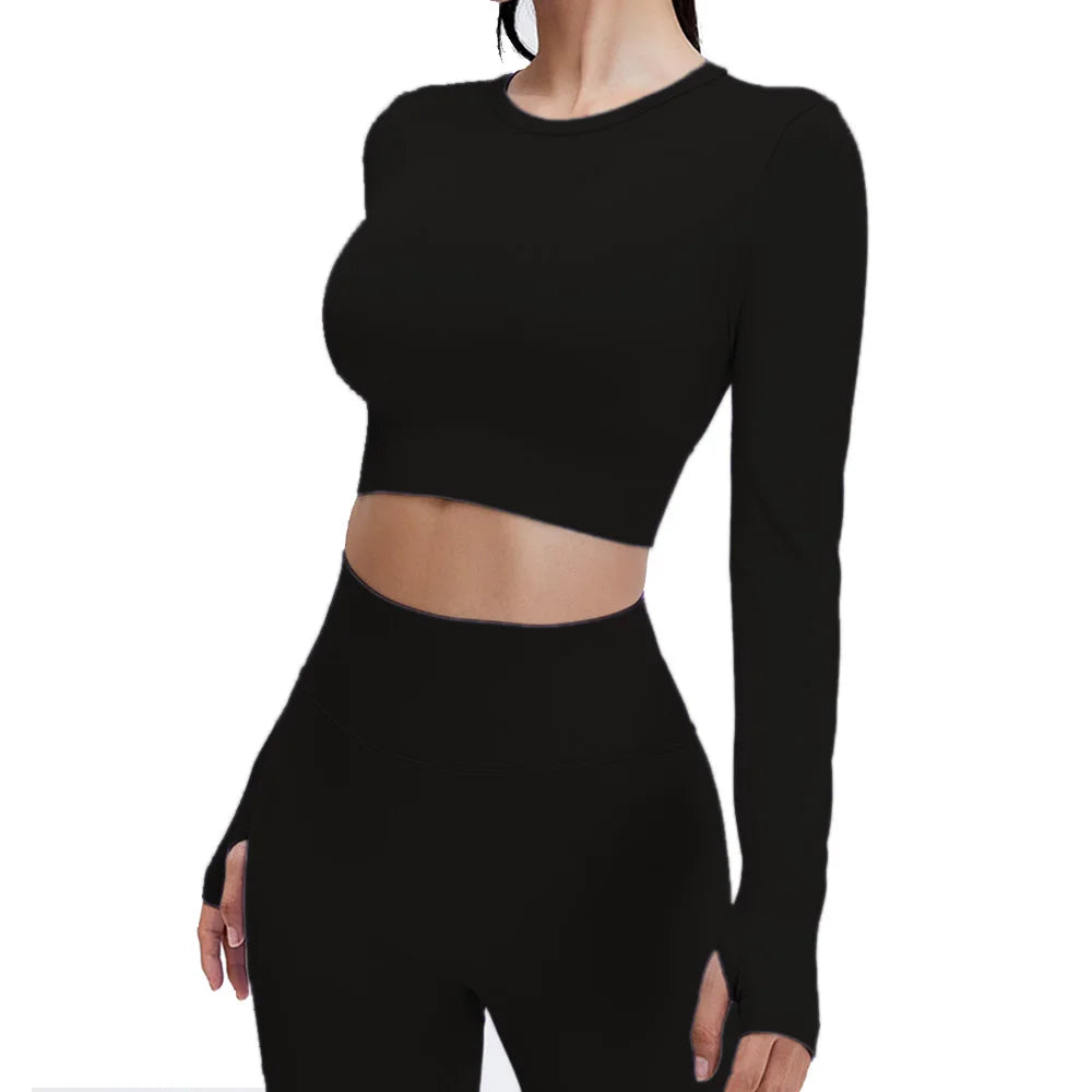 Yoga Set Langarmoberteil Fitnesshose 2-teilig - Atmungsaktiv & Bequem für Frauen Schwarz Set