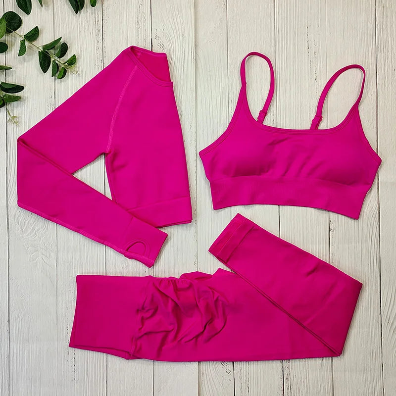 Yoga Set Langarmoberteil Fitnesshose 2-teilig - Atmungsaktiv & Bequem für Frauen 3PCS Rosa Rot