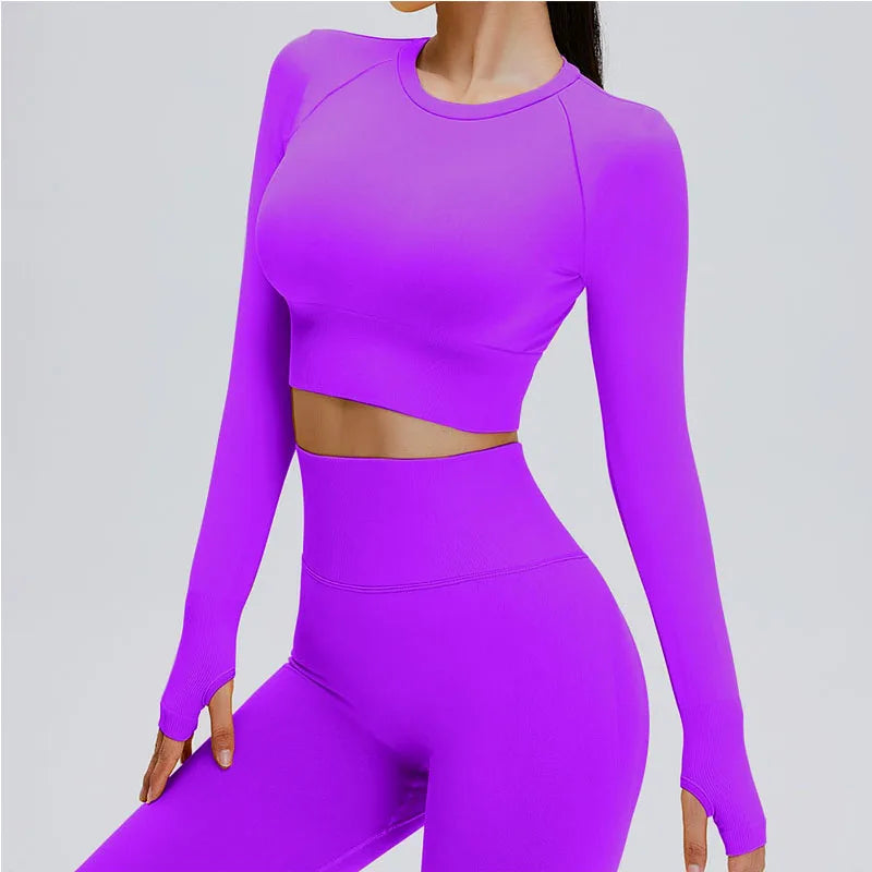 Yoga Set Langarmoberteil Fitnesshose 2-teilig - Atmungsaktiv & Bequem für Frauen Dunkelviolett Set