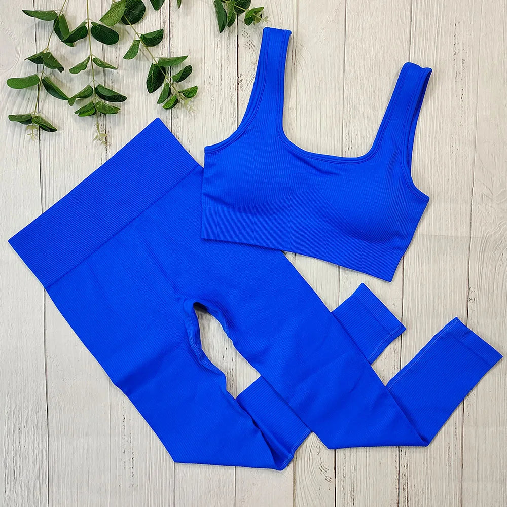 Nahtloses, Hochgeschnittenes Yoga und Fitness Outfit Dunkelblau