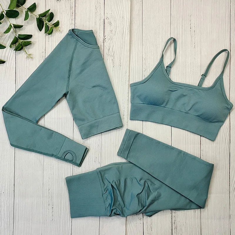 Yoga Set Langarmoberteil Fitnesshose 2-teilig - Atmungsaktiv & Bequem für Frauen 3PCS Blau Grun