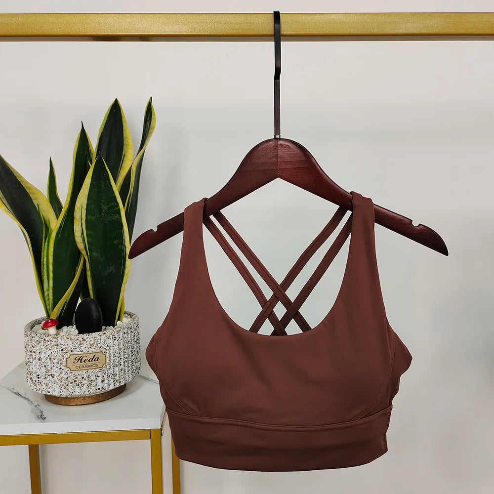 Damen Sport-BH Push-Up Mit Offenem Rücken Kakao