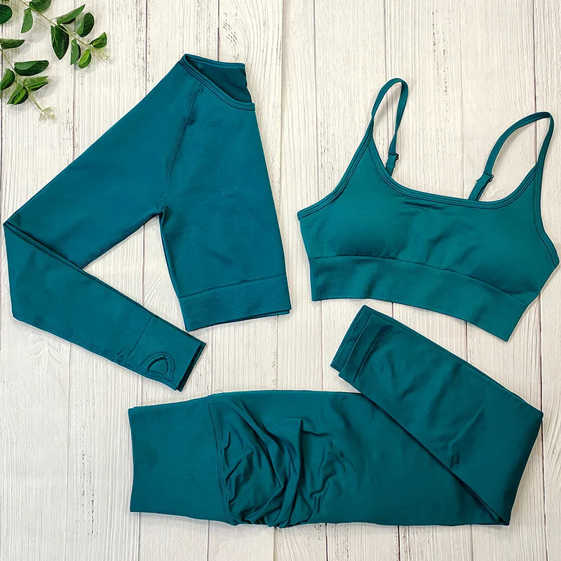 Yoga Set Langarmoberteil Fitnesshose 2-teilig - Atmungsaktiv & Bequem für Frauen 3PCS Dunkelgrün