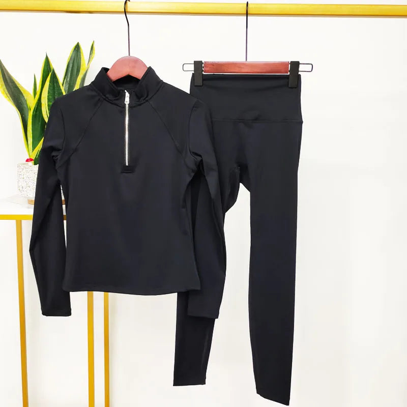 Hochwertige Damen Yoga Leggings Set Schwarz