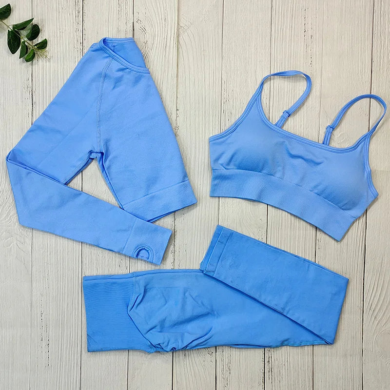 Yoga Set Langarmoberteil Fitnesshose 2-teilig - Atmungsaktiv & Bequem für Frauen 3PCS Himmelblau