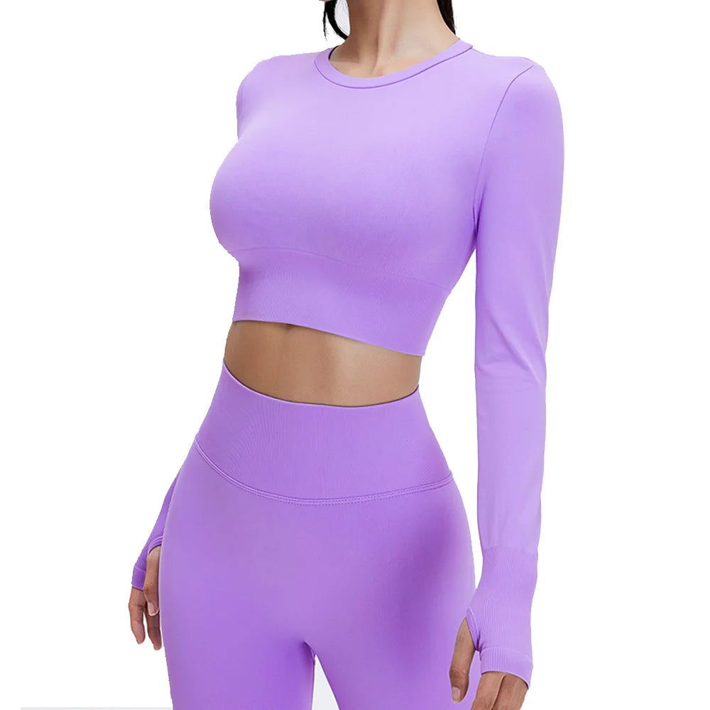 Yoga Set Langarmoberteil Fitnesshose 2-teilig - Atmungsaktiv & Bequem für Frauen Hellviolett Set