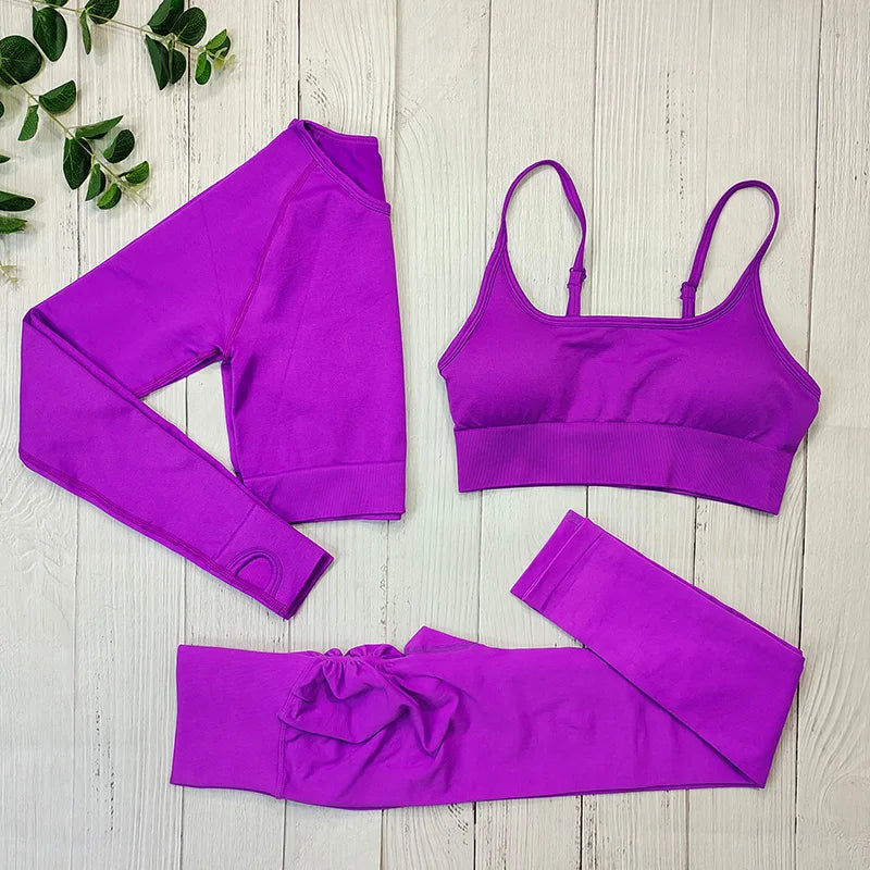 Yoga Set Langarmoberteil Fitnesshose 2-teilig - Atmungsaktiv & Bequem für Frauen 3PCS Dunkelviolett