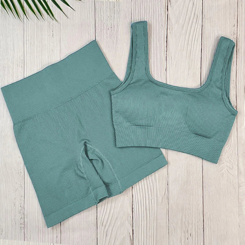 Nahtloses, Hochgeschnittenes Yoga und Fitness Outfit U blau Kurz set
