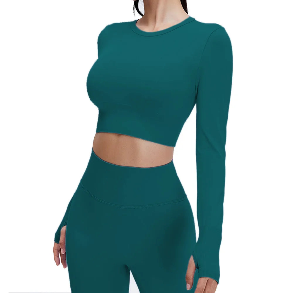 Yoga Set Langarmoberteil Fitnesshose 2-teilig - Atmungsaktiv & Bequem für Frauen Dunkelgrün Set
