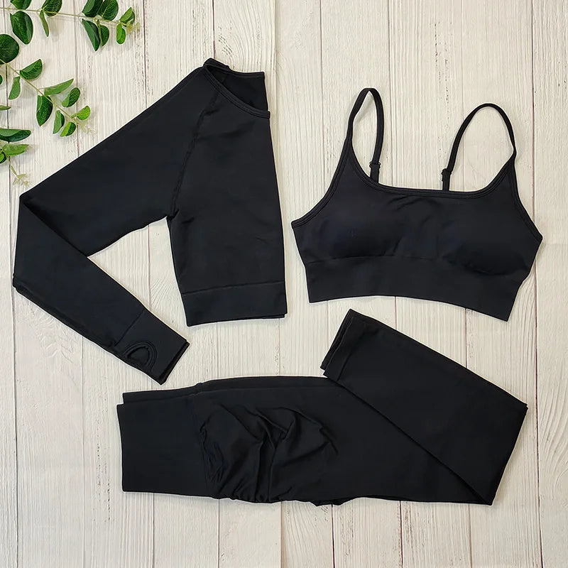Yoga Set Langarmoberteil Fitnesshose 2-teilig - Atmungsaktiv & Bequem für Frauen 3PCS Schwarz