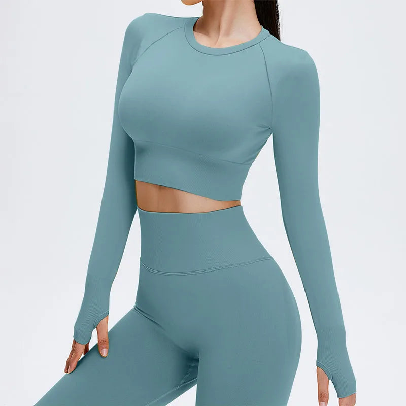 Yoga Set Langarmoberteil Fitnesshose 2-teilig - Atmungsaktiv & Bequem für Frauen Blau Grün Set