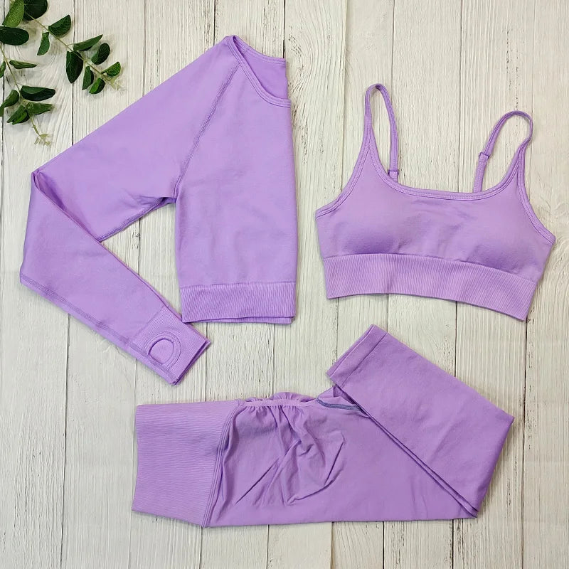 Yoga Set Langarmoberteil Fitnesshose 2-teilig - Atmungsaktiv & Bequem für Frauen 3PCS Hellviolett