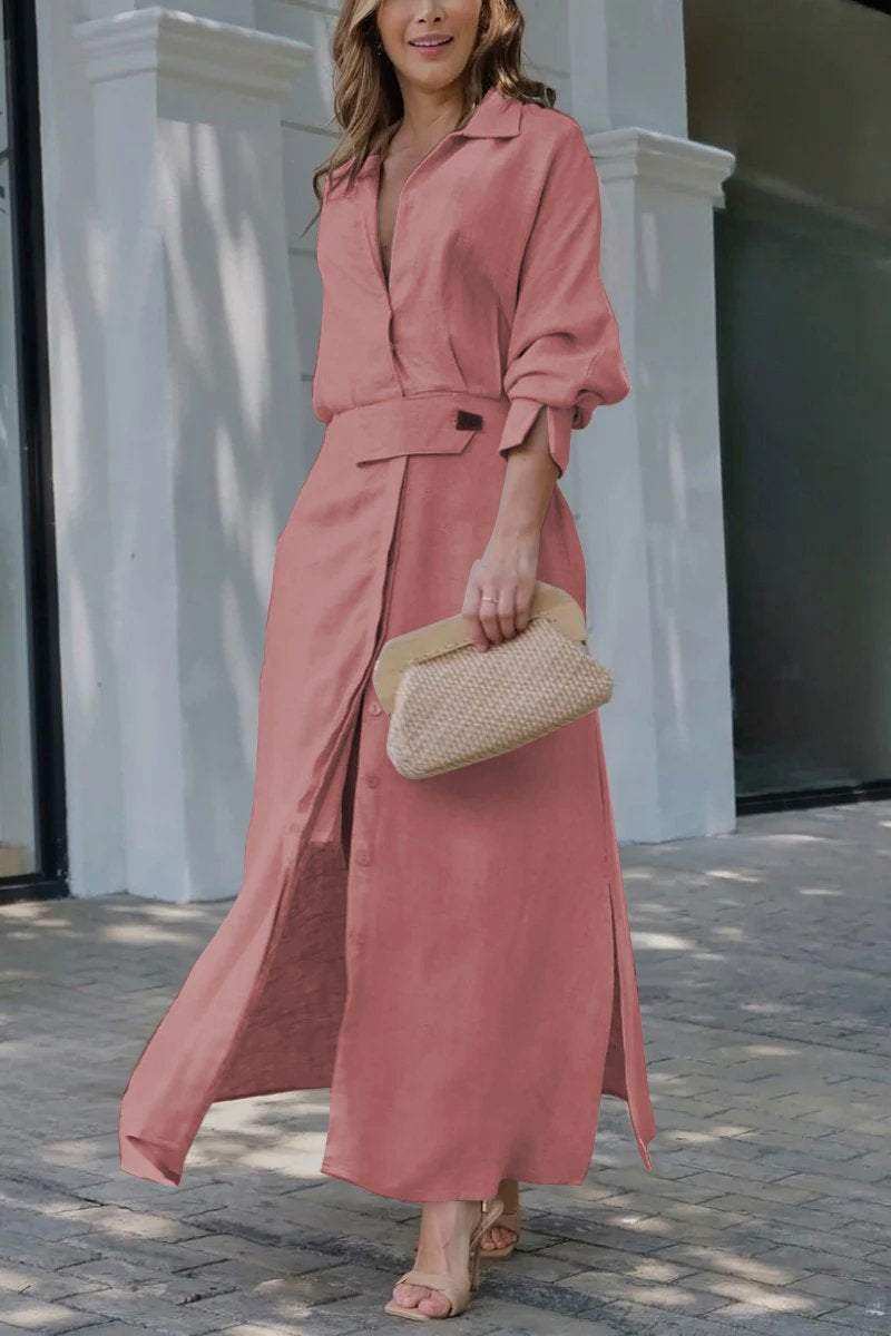 Fadenburg Jeanette Maxikleid mit V-Ausschnitt aus reinem Leinen in sanftem Koralle, perfekt für sommerliche Anlässe.