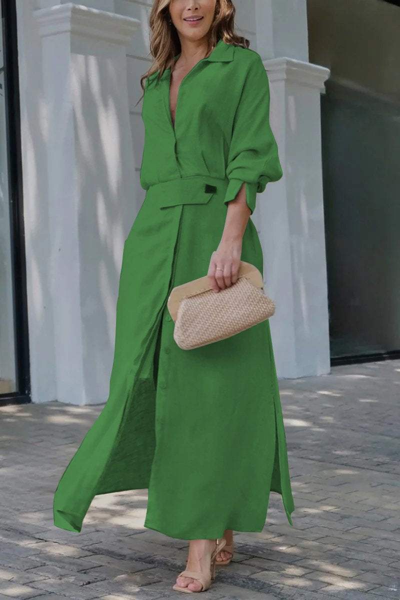 Fadenburg Jeanette Maxikleid mit V-Ausschnitt aus reinem Leinen in lebhaftem Grün, ideal für stilvolle Sommerauftritte.