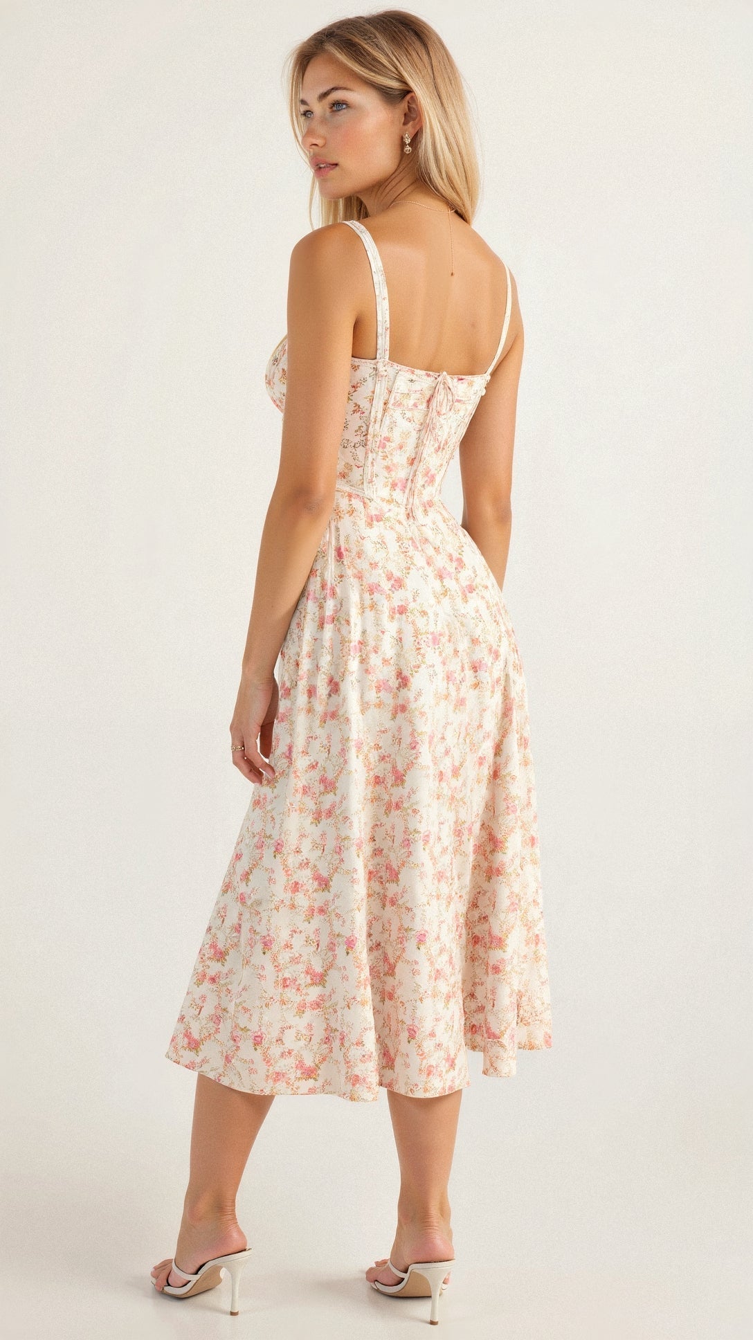 Kiana Taillenkleid von Fadenburg: Verspieltes florales Muster, Rückansicht zeigt den taillierten Schnitt und den eleganten Fall des Stoffes.