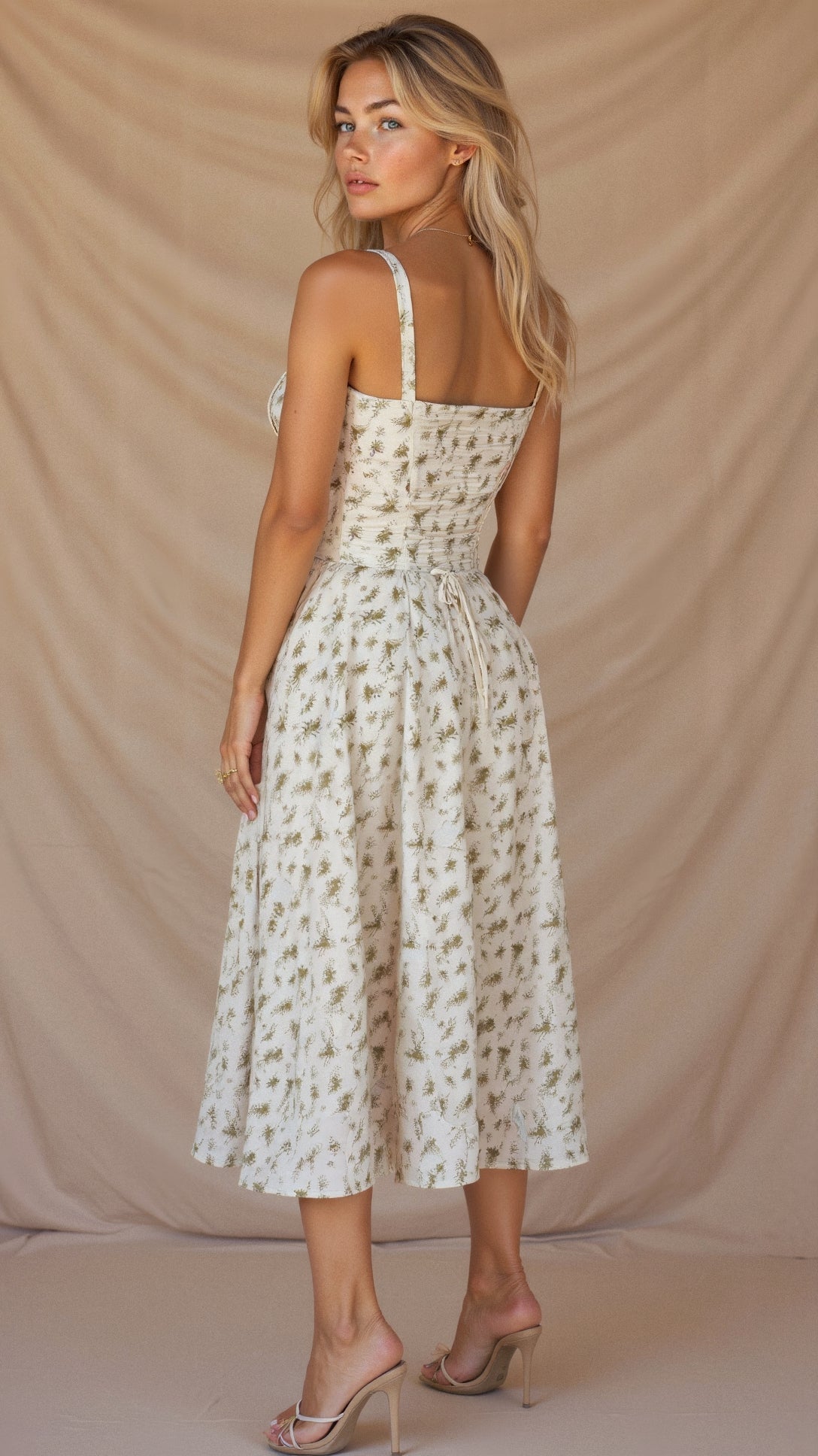 Kiana Taillenkleid von Fadenburg: Figurschmeichelndes Design mit fließendem Stoff, Rückansicht in elegantem Muster.