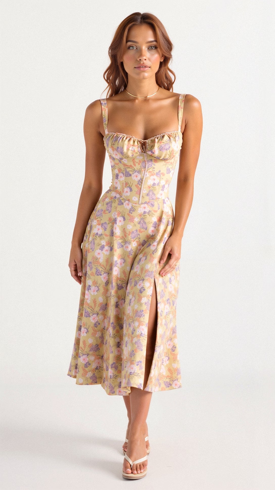 Das Kiana Taillenkleid von Fadenburg in sanften Gelbtönen zeigt eine elegante Frontansicht, die den schmeichelnden Schnitt und Designmerkmale für jeden Anlass hebt.