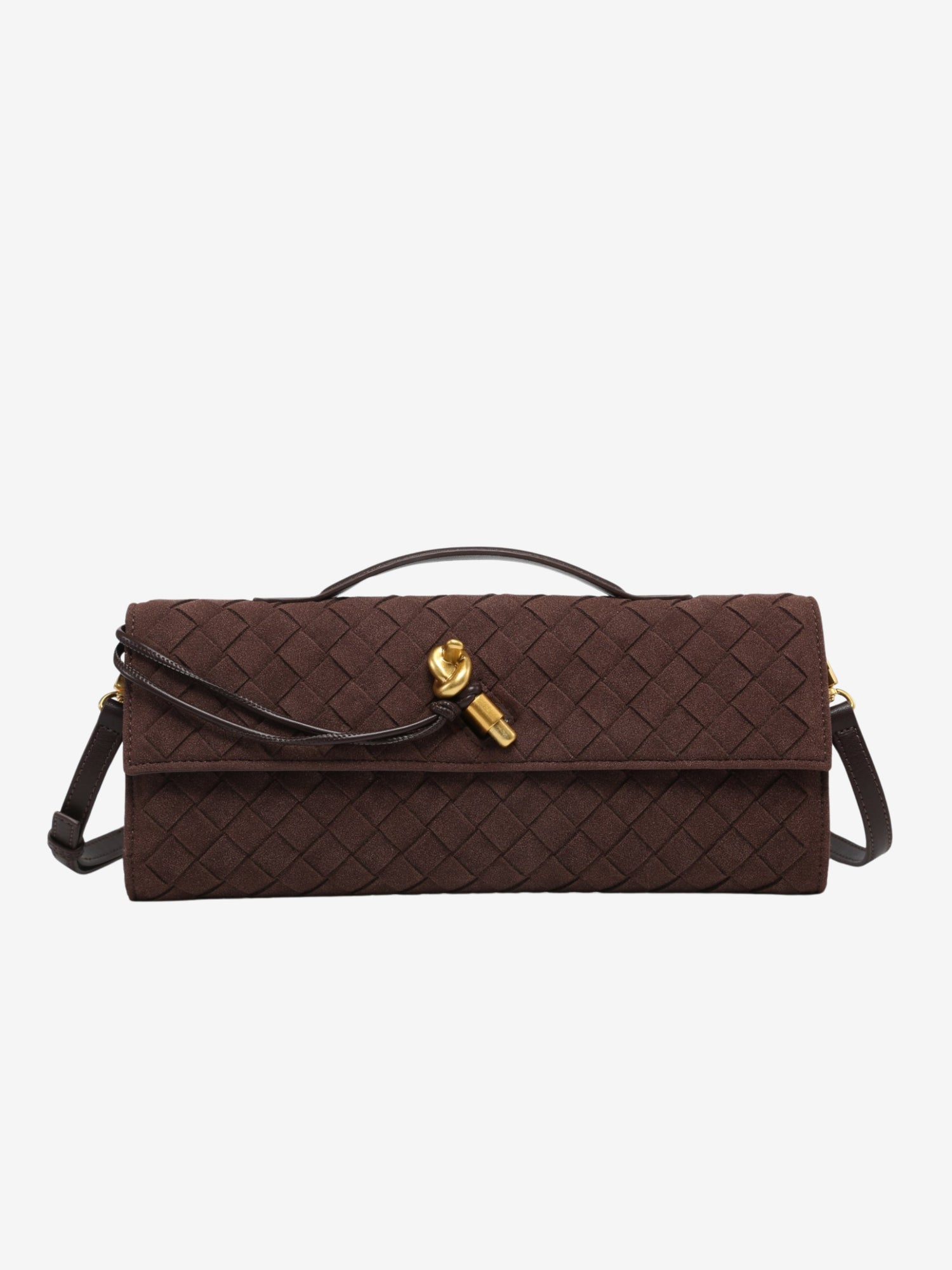 Cherry Luxe Woven Suede Clutch von Fadenburg – elegante vegane Lederhandtasche mit abnehmbarem Schultergurt in raffiniertem Design.