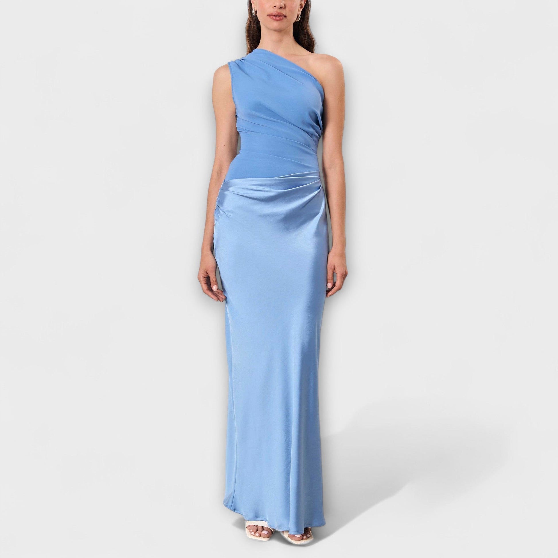 Elegantes Ein-Schulter Falten Maxi Kleid von Fadenburg, himmelblau, ideal für festliche Anlässe mit einem eleganten Schnitt.
