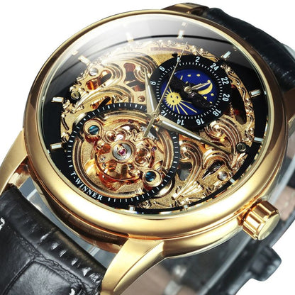 Skelettierte Automatik-Mondphasenuhr mit goldenem Finish und hochwertigem Lederarmband - Eigenschaften und technische Spezifikationen der Uhr.