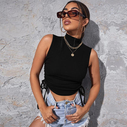 Stylisches Damen Tanktop Mit Rollkragen, Kordelzug Und Individuellem Style – Fadenburg Schwarz
