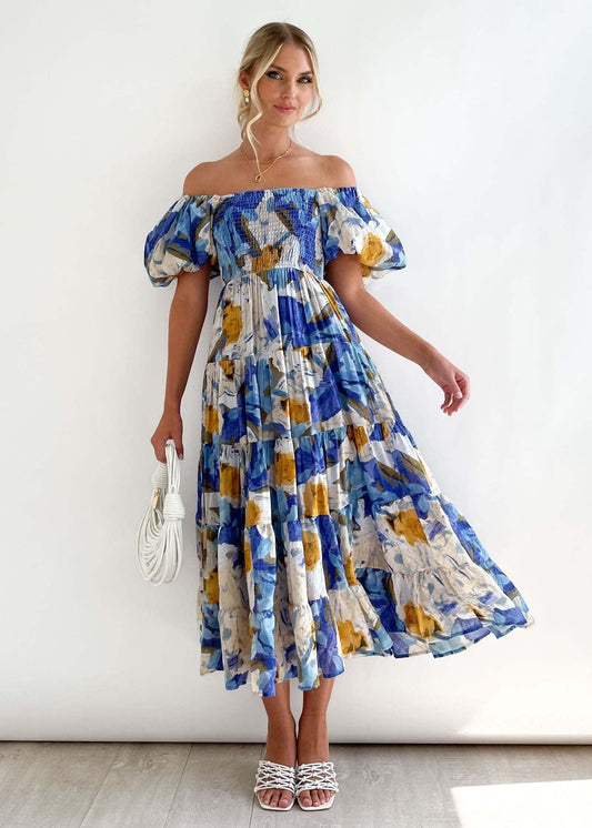 Amelia Off-Shoulder Maxikleid Mit Aquarell-Print In Blau, Beige Und Gold – Elegantes Sommerkleid Für Unvergessliche Anlässe Dunkelblau