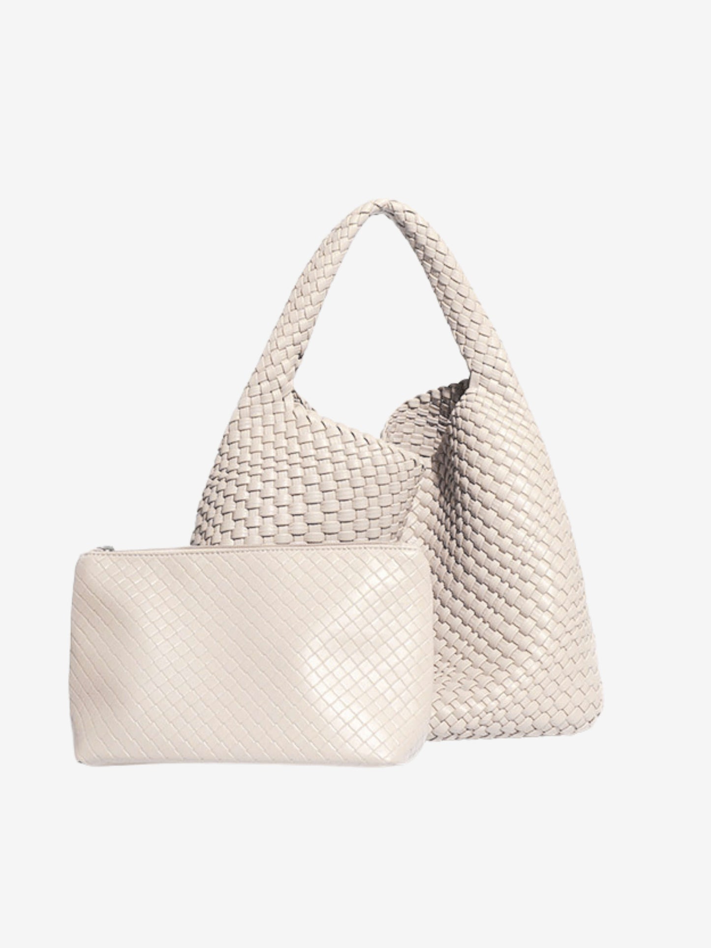 Detailansicht der Luna Chic Oversized Woven Hobo Bag von Fadenburg, gefertigt aus veganem Leder mit passendem Reißverschlussbeutel.