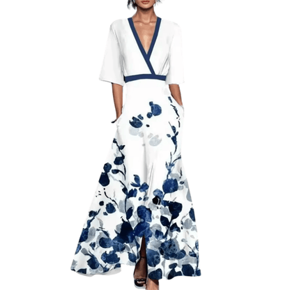 CÉLINE Maxi-Kleid In Blau & Weiß – Elegante Blumenmuster Für Leichte Kleider Für Warme Tage weiß