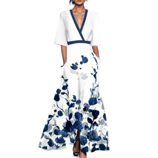 CÉLINE Maxi-Kleid In Blau & Weiß – Elegante Blumenmuster Für Leichte Kleider Für Warme Tage weiß