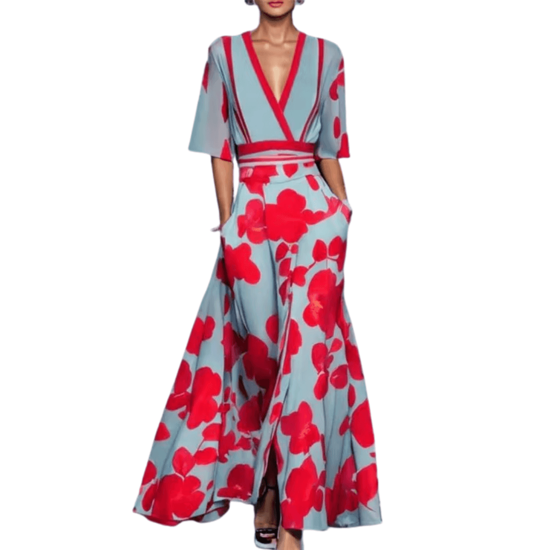CÉLINE Maxi-Kleid In Blau & Weiß – Elegante Blumenmuster Für Leichte Kleider Für Warme Tage Rot