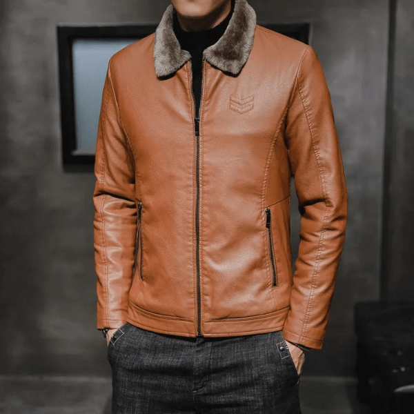 MARC Herren-Lederjacke Mit Fleece-Futter – Bequem, Elegant, Winterfest, Hochwertiges Kunstleder Orange