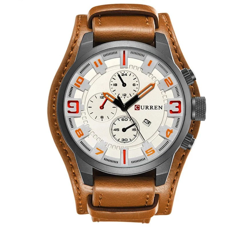 Robuste Sport-Militäruhr von Fadenburg mit veganem Lederarmband, wasserdicht und schockfest.