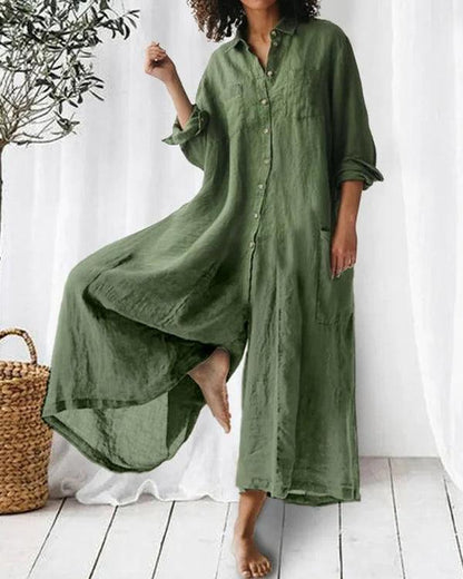 LINA – Leichtes Maxi-Hemdkleid Aus Hochwertigem Leinen Mit Oversized-Look & Praktischen Taschen grün